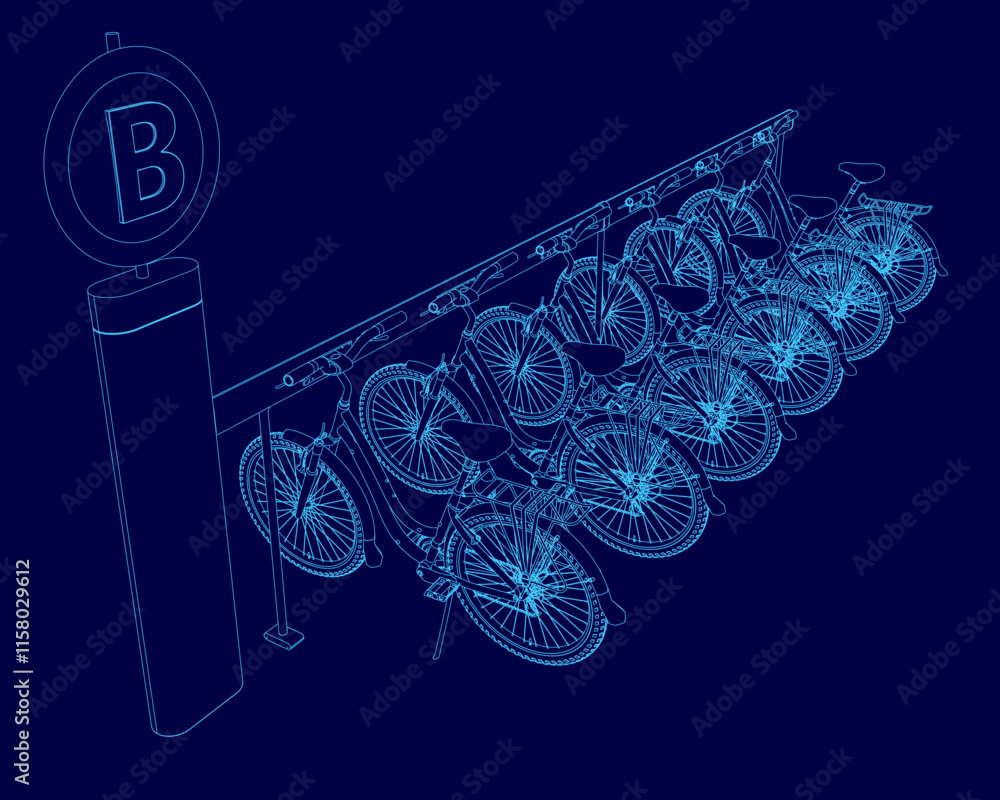 Poster blue image of a bike rack with a b sign above it. the bikes are parked in rows, with some of them be