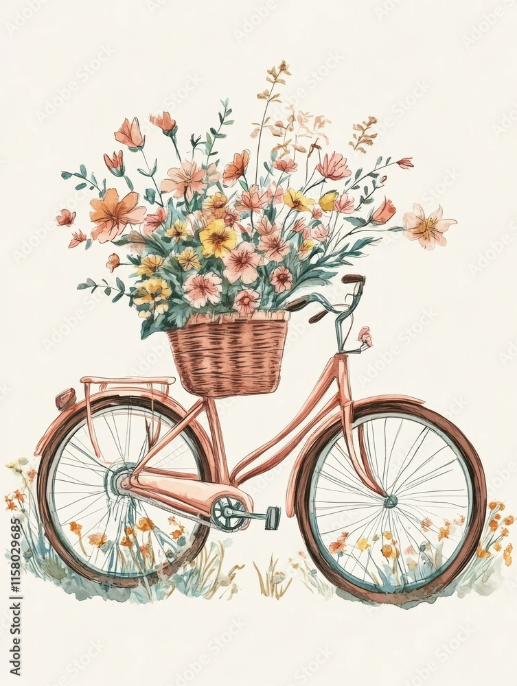 Aufkleber Vintage bicycle with a basket full of colorful spring flowers in a simple and charming design for various uses. Generative AI