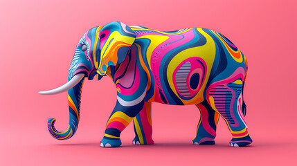 artistic generative ai illustration of full body elephant in vibrant, creative costume, standing against a bright, eye-catching background filled with colors and patterns
