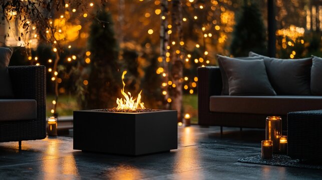 Modern outdoor fire pit with warm lighting.
