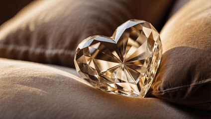 Heart-Shaped Crystal on Velvet Pillow with Golden Reflections