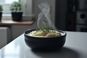 A steaming bowl of mashed potatoes garnished with fresh thyme, embodying low-calorie comfort food, perfect for cozy winter evenings and aiding winter weight loss goals.