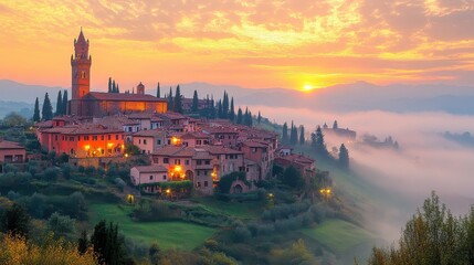 Fototapeta premium sunrise dawn fog mist at old historic medieval town of chiusi tuscany in italy with landscape rolling hills view and colorful red roof buildings illuminated lights