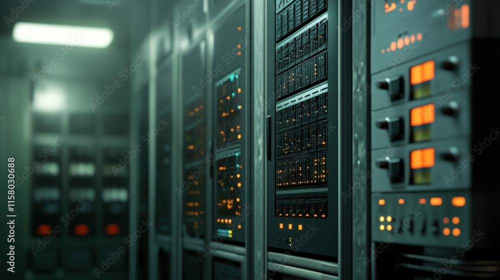 Poster High-Tech Data Center with Server Racks and Luminous Indicators Showcasing Modern Technology Infrastructure in a Dark Environment