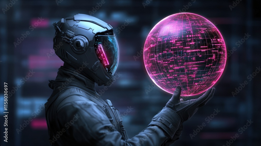 Poster futuristic astronaut holding a glowing holographic globe in a digital environment, showcasing advanc