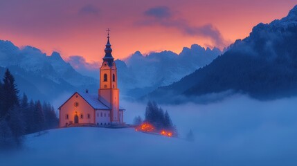 the bell tower of the church of dobbiaco appears from above the clouds pusteria valley dolomites trentino alto adige italy europe