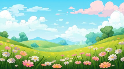 Fototapeta premium Sunny Day Rolling Hills Landscape With Blooming Flowers