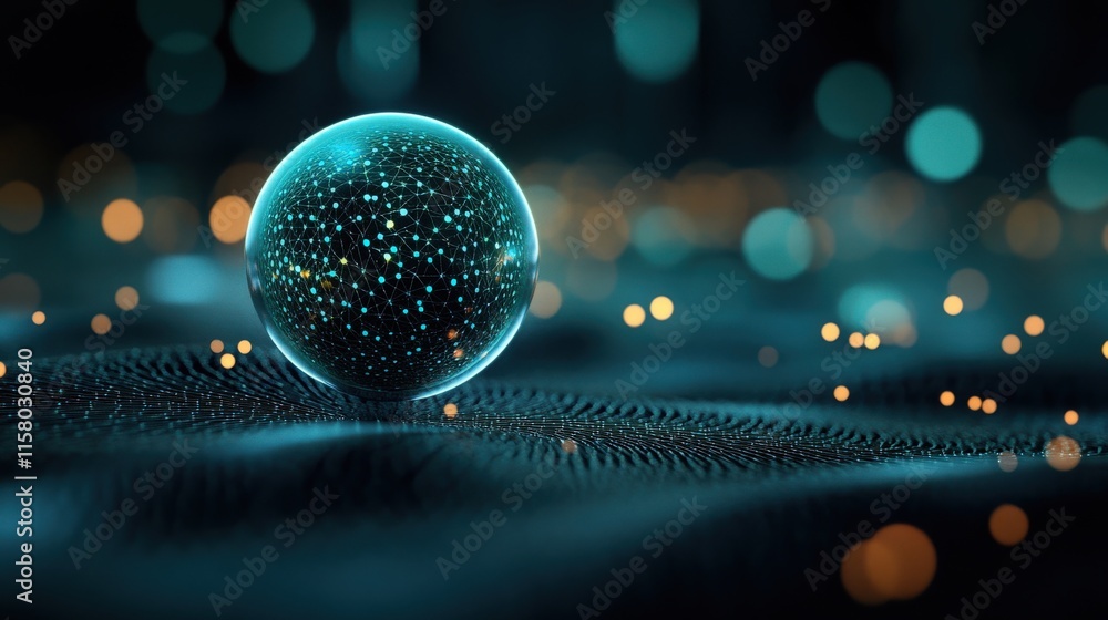 Poster Stunning Abstract Background of a Glowing Sphere Surrounded by Sparkling Bokeh Lights and Fluid Textures, Capturing a Sense of Depth and Intrigue in a Digital Landscape