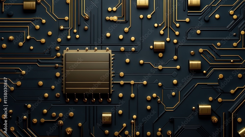 Poster Detailed Close-Up of an Intricate Circuit Board with a Central Microchip Surrounded by Golden Connectors and Circuit Paths on a Dark Background