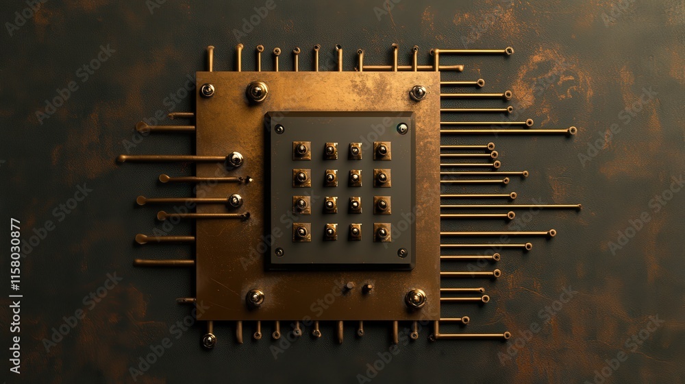 Poster intricate vintage circuit board with golden and bronze textures, featuring square keypad and unique 