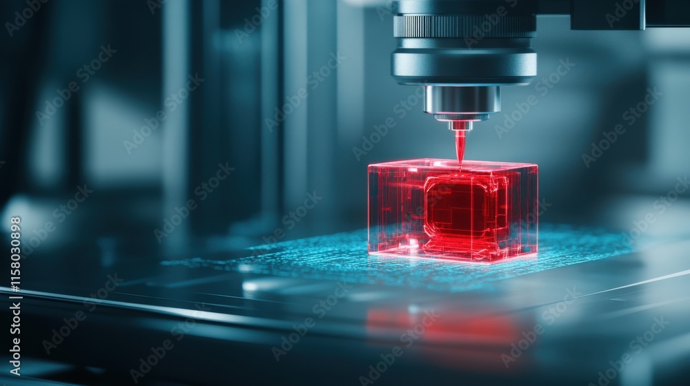 Poster Red Laser Technology in Action: Close-Up of a Laser Cutting Process on a Transparent Cube Model in a Modern Industrial Environment