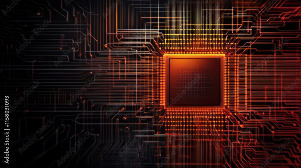 Aufkleber Abstract depiction of an advanced microchip surrounded by glowing circuit patterns, showcasing technology and innovation in a digital environment.