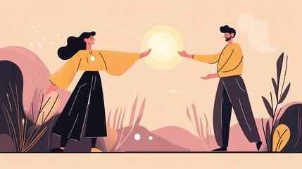 Minimalist Flat-Style Illustrations of Two Sorcerers Interacting with Magic in Neutral Tones