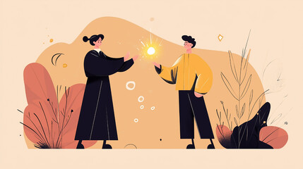 Minimalist Flat-Style Illustrations of Two Sorcerers Interacting with Magic in Neutral Tones