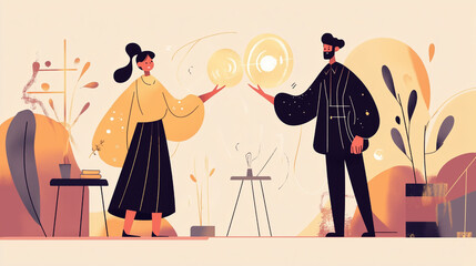 Minimalist Flat-Style Illustrations of Two Sorcerers Interacting with Magic in Neutral Tones