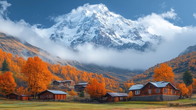 thick fog cloud over stepantsminda kazbegi village against brown mountain georgia scenic autumn landscape at sunset light