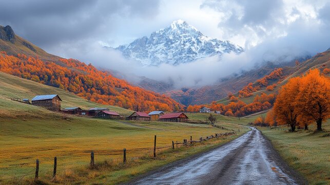thick fog cloud over stepantsminda kazbegi village against brown mountain georgia scenic autumn landscape at sunset light