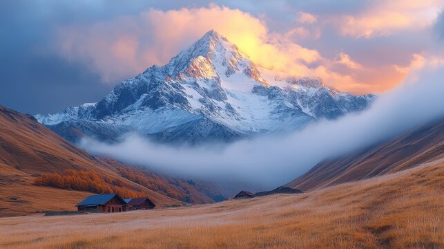 thick fog cloud over stepantsminda kazbegi village against brown mountain georgia scenic autumn landscape at sunset light