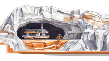 Cross-section view of a mine showing machinery and tunnels.