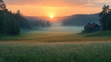 Fototapeta premium very early morning dew on grass close up photo very hazy air just above forest and grass field red orange sky no clouds stocksjo village close to umea city vasterbotten county sweden
