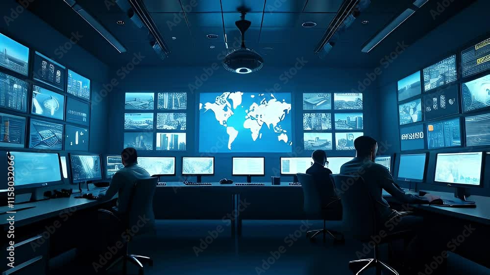 Poster a high-tech control room with screens displaying data, maps, and analytics.