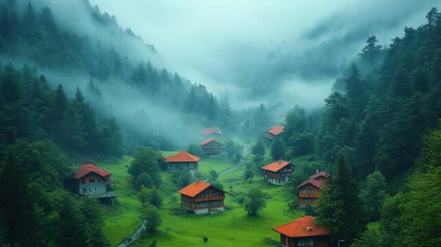 view of high plateau houses mountains valleys and forest in fog creating beautiful nature scene the image is captured in trabzon rize area of black sea region located at northeast of turkey