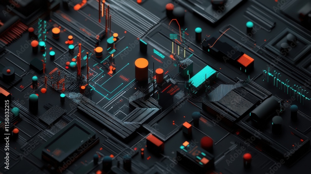 Aufkleber abstract digital circuit board design with neon colors, featuring geometric shapes and 3d elements f