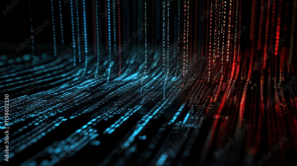 Leinwandbilder Abstract representation of digital data streams flowing in a dark environment, showcasing glowing blue and red binary code illuminated in a mesmerizing pattern