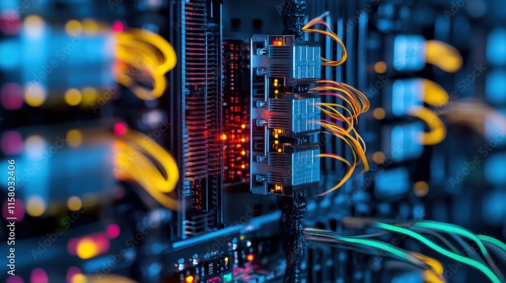 Poster Detailed Close-Up of Advanced Network Server Equipment with Colorful Cables for Data Processing and Digital Communication in a High-Tech Environment