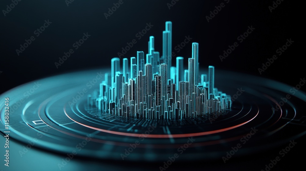 Poster Futuristic Cityscape Visualization in Neon Colors, Abstract Digital Design with 3D Buildings and Geometric Patterns for Technology and Innovation Themes