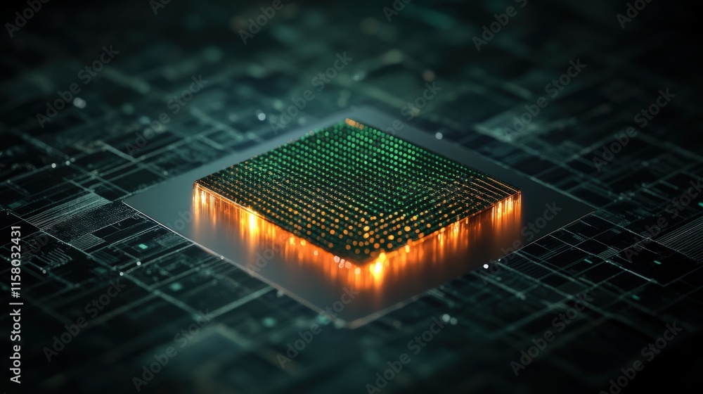 Poster Futuristic Computer Chip Design with Illuminated Circuitry and Detailed Microprocessor for Technology and Innovation Themes in Digital Art