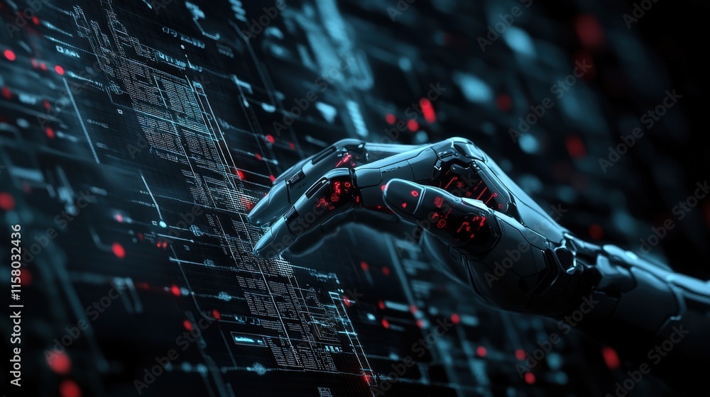 Poster Futuristic Robotic Hand Interacting with Digital Interface, Symbolizing Advanced Technology, Artificial Intelligence, and Human-Machine Collaboration in a Cyber Space