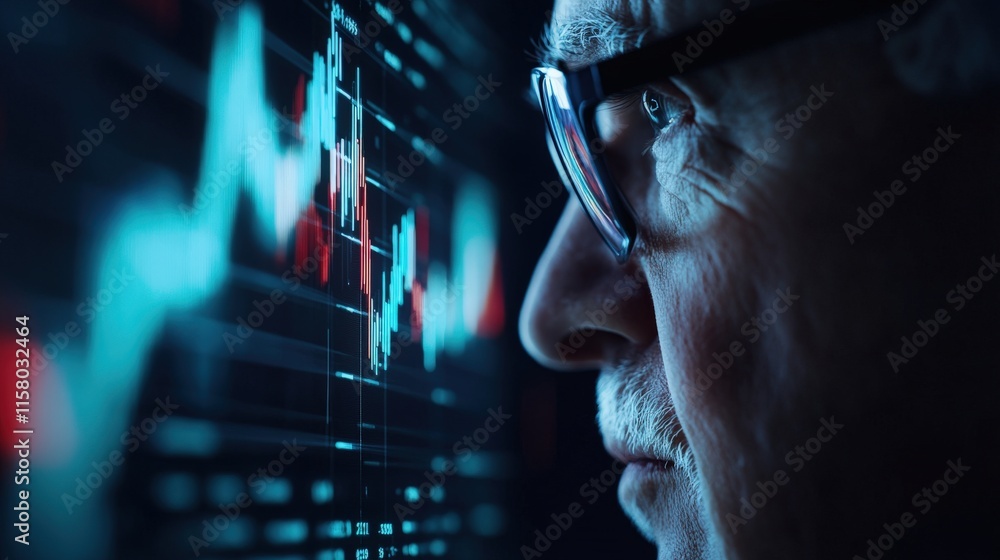 Poster focused elderly investor analyzing financial data on screen with stock market graphs in background c