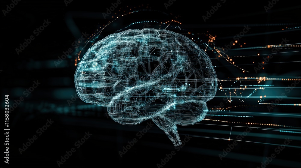 Poster Futuristic Digital Brain Visualization Representing Neural Connections and Data Flow in a High-Tech Environment for Scientific and Creative Imagery