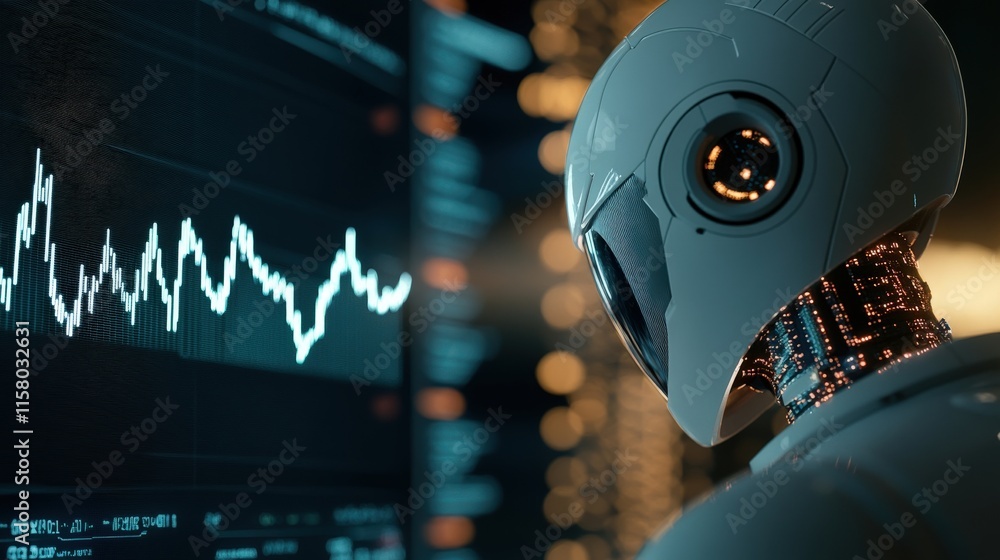 Poster Futuristic Robot Analyzing Data Trends in a High-Tech Environment with Digital Displays and Glowing Circuitry, Representing Advanced AI Technology and Innovation