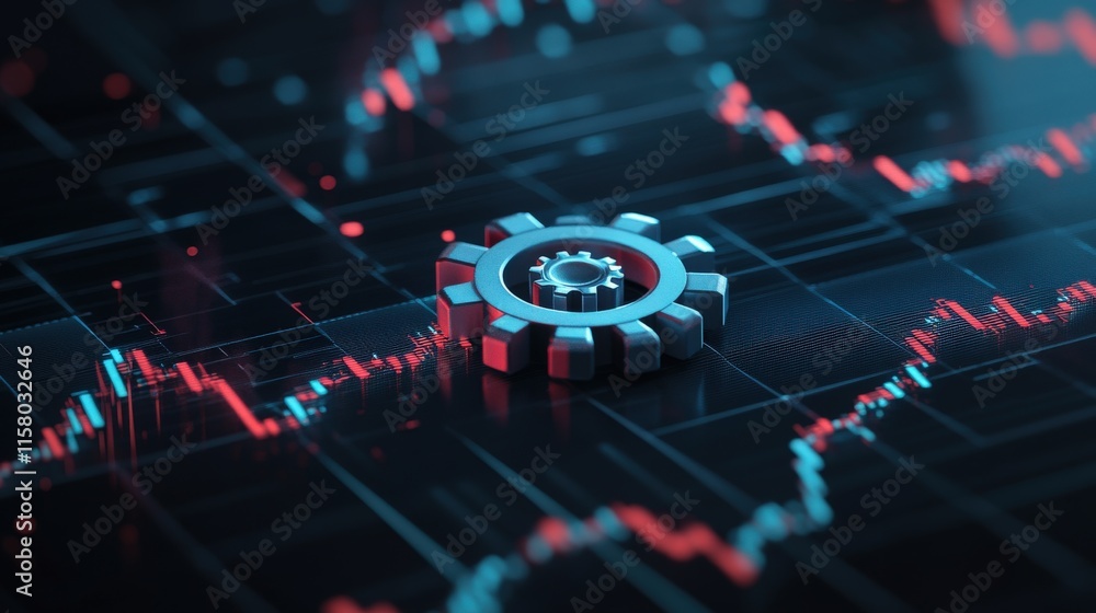 Aufkleber modern gear symbol on digital financial graph background with vibrant red and blue lines representin