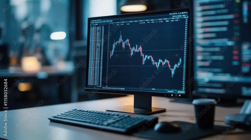Poster Stock Market Analysis on Computer Screen at Night, Financial Data Visualization and Trading Graph Displayed in Modern Office Environment