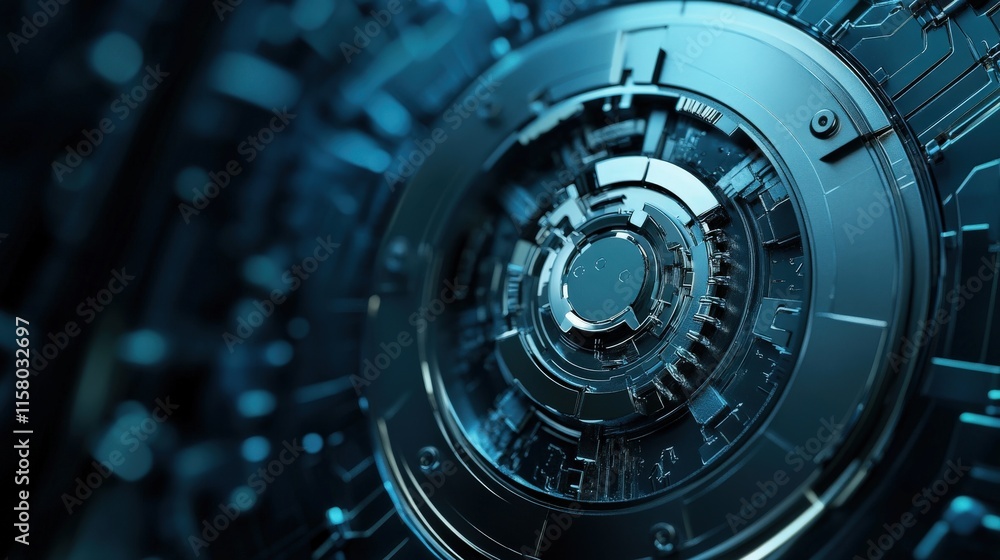 Poster Abstract close-up of a futuristic metallic technology background with intricate circuit patterns and glowing blue accents, ideal for digital design and innovation themes.