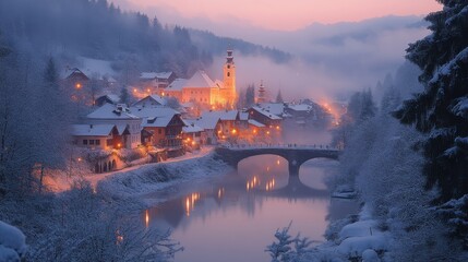 village of melk covered with fog in the morning austria