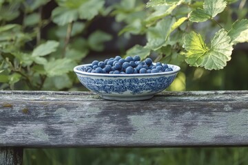 A bowl of fresh bilberries on a weathered bench