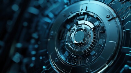 Abstract close-up of a futuristic metallic technology background with intricate circuit patterns and glowing blue accents, ideal for digital design and innovation themes.