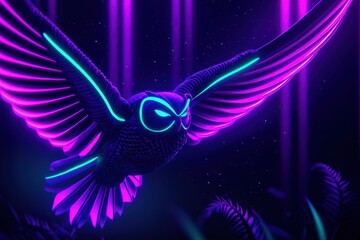 Fototapeta premium A radiant neon owl in mid-flight, its wings spread wide with glowing patterns in magenta and cyan, surrounded by faint sparkles and swirling light trails creating a mystical forest atmosphere. 