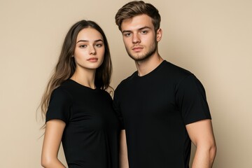 Obraz premium A couple stands confidently in casual black tees against a plain backdrop ideal for branding or fashion displays highlighting a contemporary and subtle aesthetic