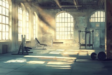 This gym scene captures a serene space for strength training, perfectly suited for winter weight loss goals. Sunlight streams in, creating an inviting atmosphere for workouts.