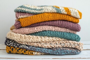 A disorganized pile of pastel knit sweaters with various patterns on a white table against a white wall suitable for fall and winter Close up with empty space