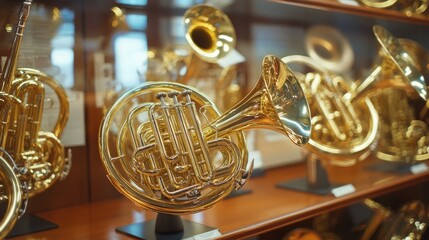 Display of Brass French Horns in a Music Instrument Museum