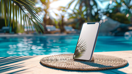 mockup smartphone placed on sunny poolside with clean white screen and calm outdoor background ideal for mobile marketing and summer ads
