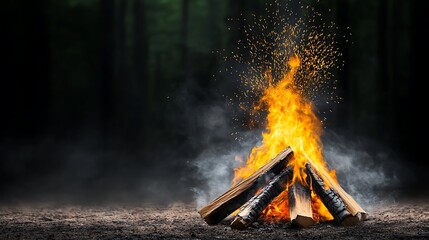 A dramatic photograph of a roaring bonfire at night, with the flames reaching high into the air and sparks flying around. The warmth of the fire contrasts with the cool, dark background, while 