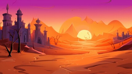 Desert Castle Sunset Landscape With Ancient Architecture