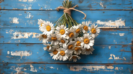 Daisies suspended upside down rustic blue background floral photography artistic view nature concept